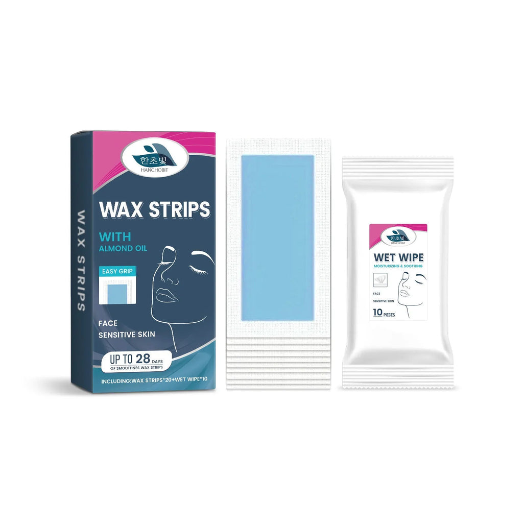 HANCHOBIT facial hair removal wax strips kit showing wax paper strips and wet wipes