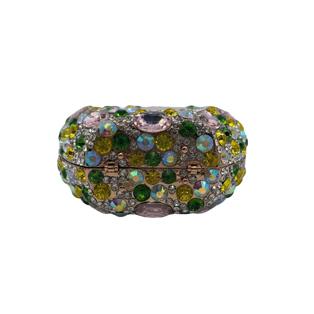 Women's hard alloy clutch bag with full diamond coverage in a golden colour.