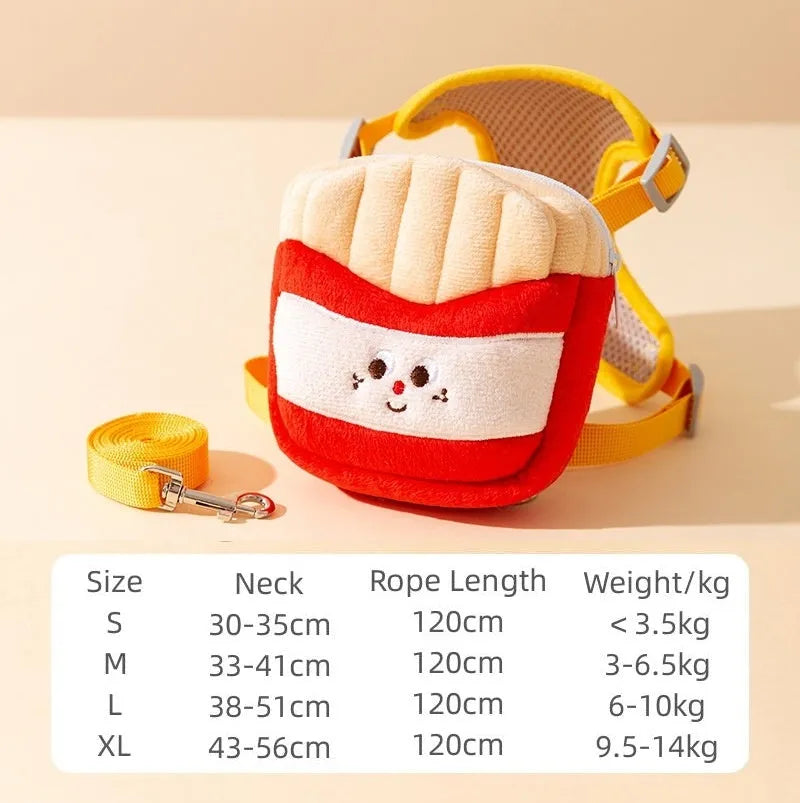 Cartoon hamburger print adjustable vest leash for a dog, showing the escape-proof design and walking rope.