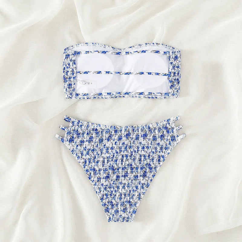 Women's strapless floral swimsuit with beauty back design and high waist briefs