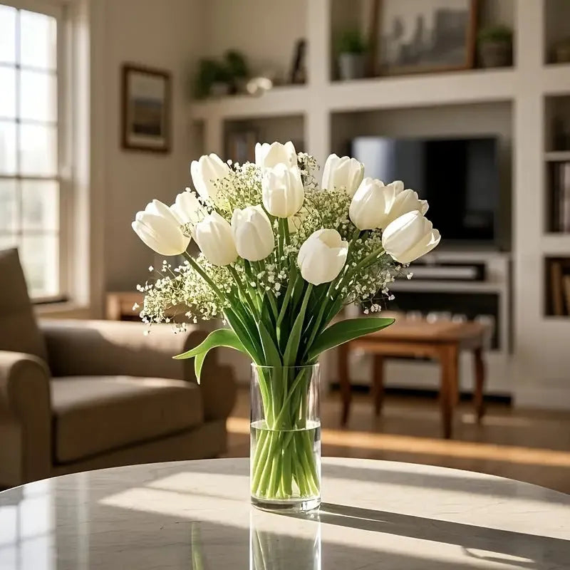 Plastic artificial tulip and starry flower bouquet set with thirty pieces for photography and decoration