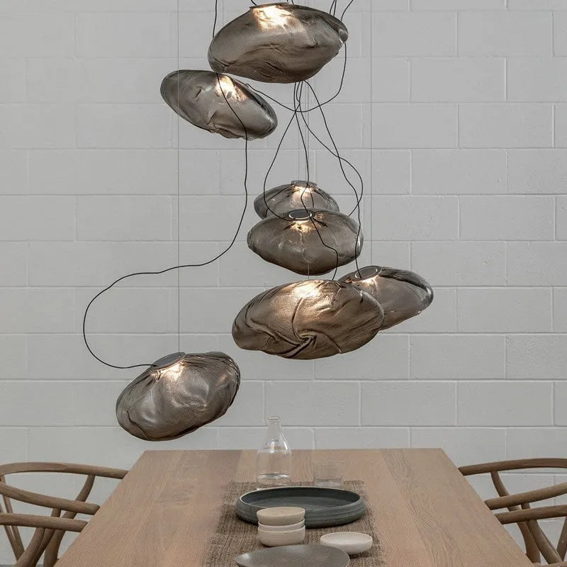 Postmodern light luxury glass decorative chandelier in amber finish with fabric body and push-button switch