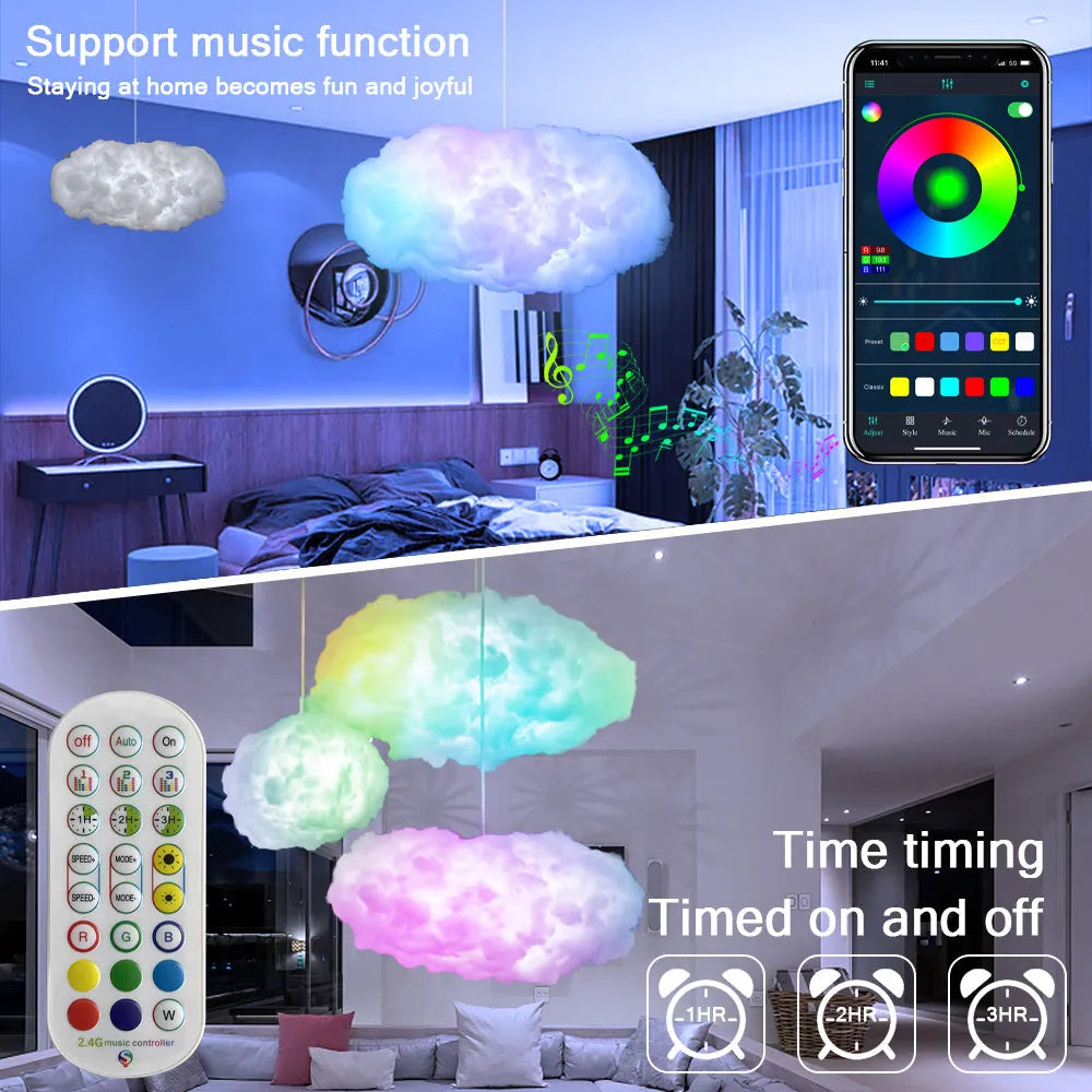White fabric cloud shaped pendant light with multi-colour LED glow, hanging from a ceiling with a USB cable.