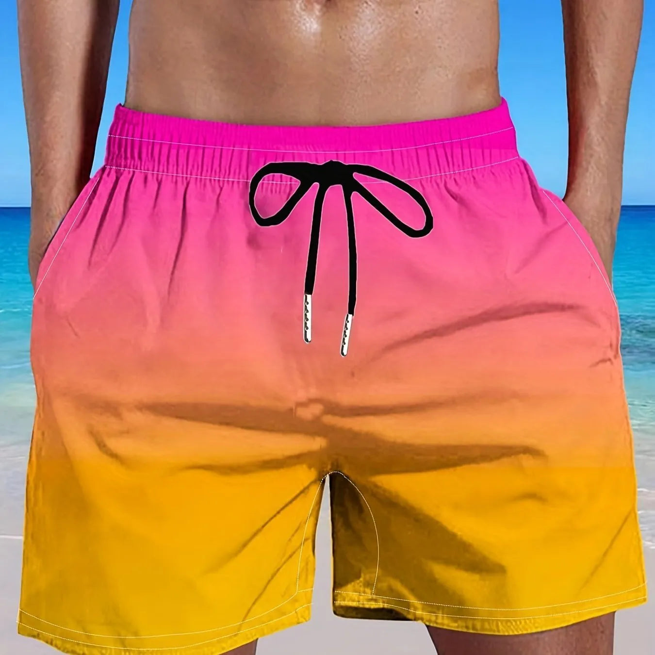 Men's gradient colour 3D digital printed mesh sports shorts with micro elasticity, shown in shorts length.