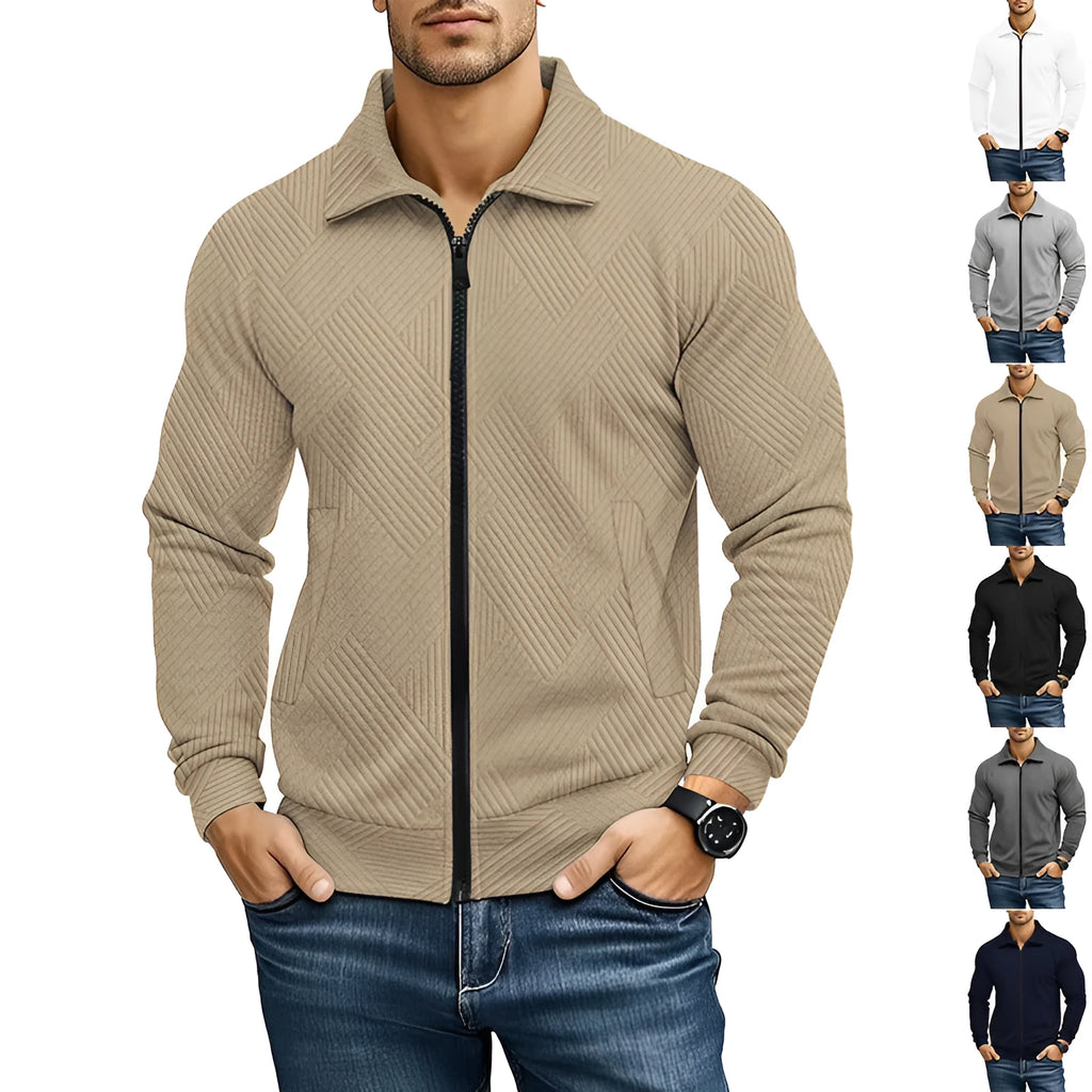 Men's solid colour British-style casual jacket with a turn-down waffle collar and long sleeves.
