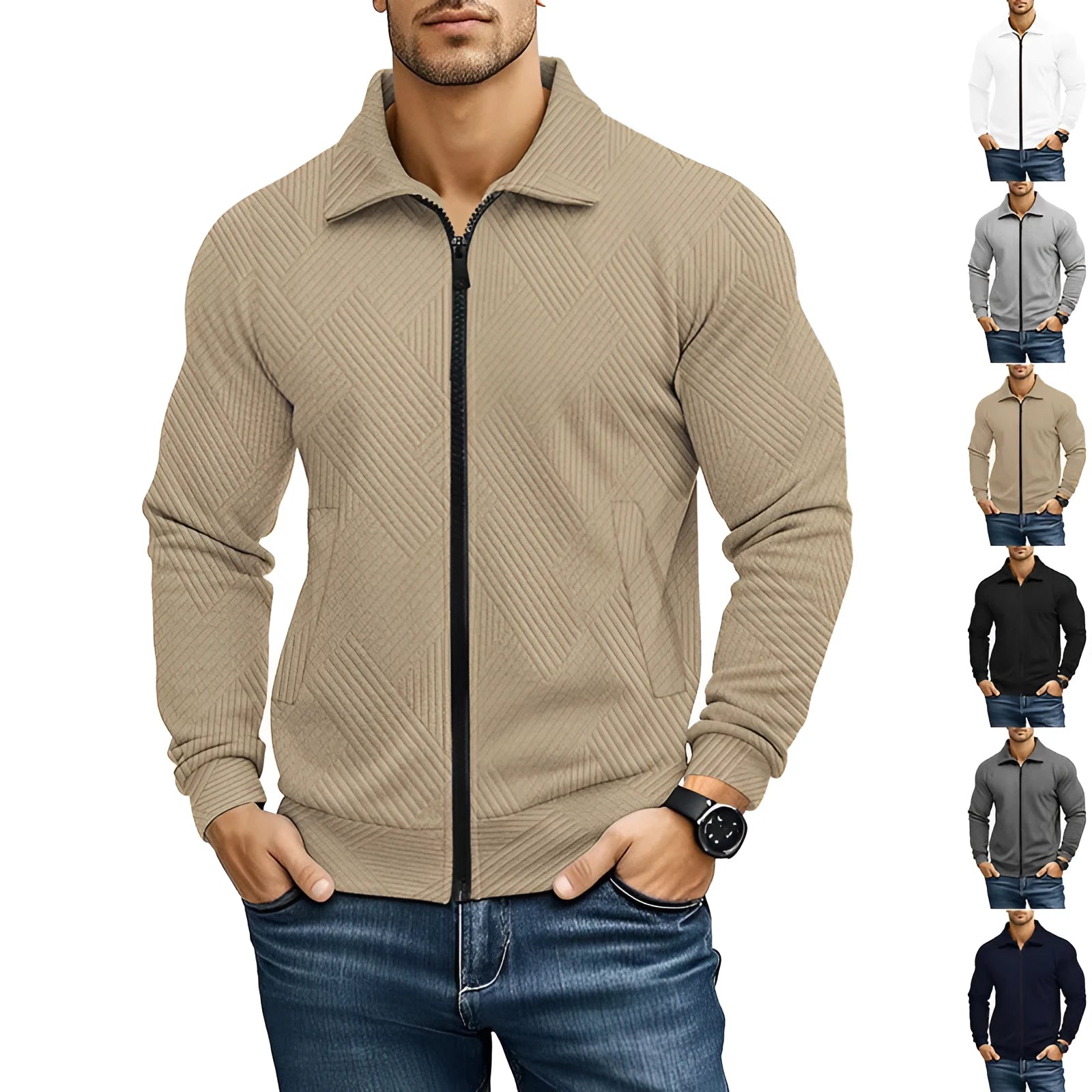Men's solid colour British-style casual jacket with a turn-down waffle collar and long sleeves.