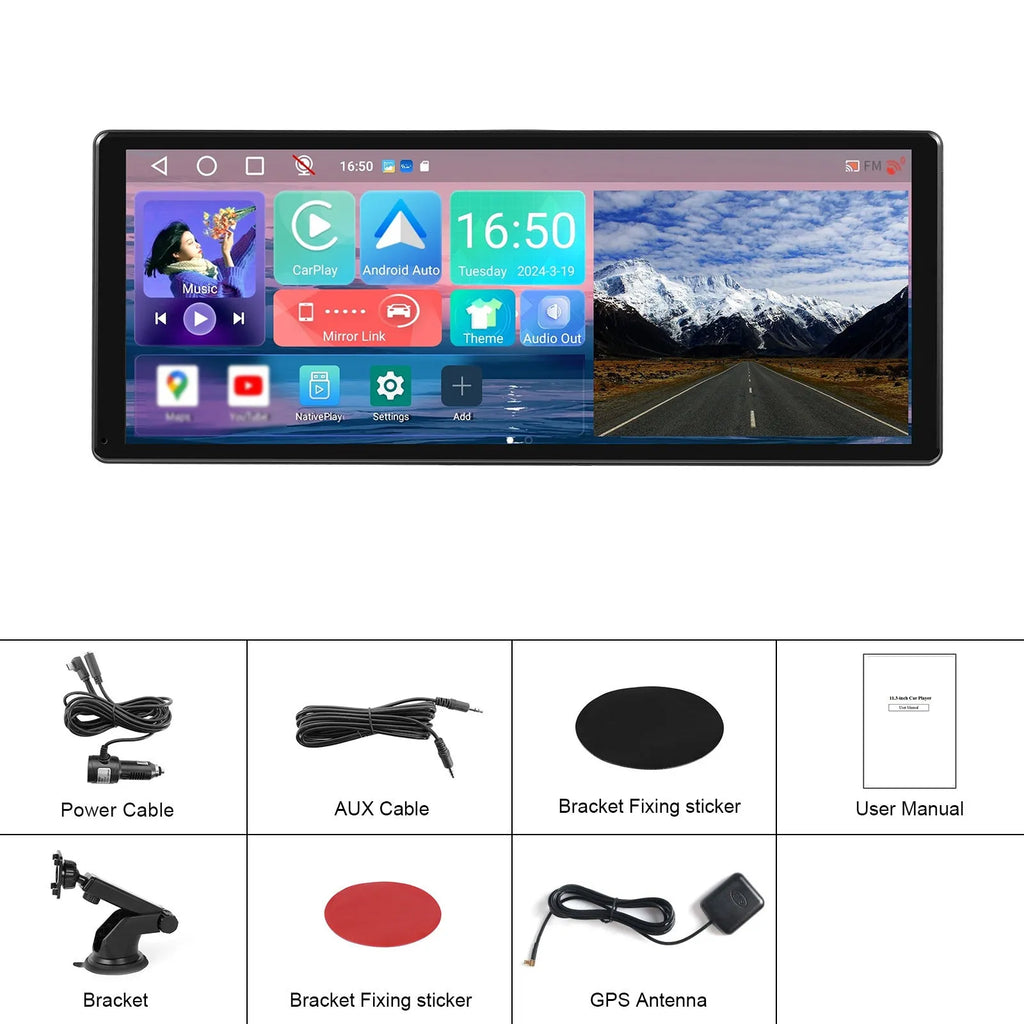 11.3-inch car touchscreen display unit with Android WiFi, CarPlay, and rear-view camera support.