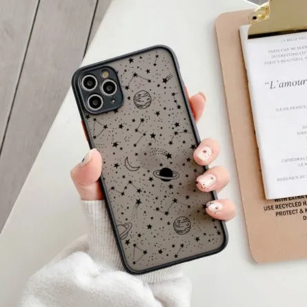 Black and white iPhone cases with blue light filtering technology for eye care.