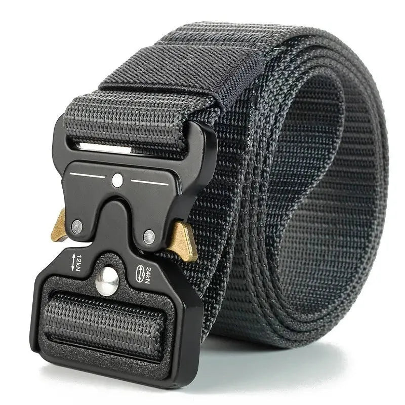 Men's canvas tactical belt showing alloy release buckle and textured 2-4cm width material in Army Green colour