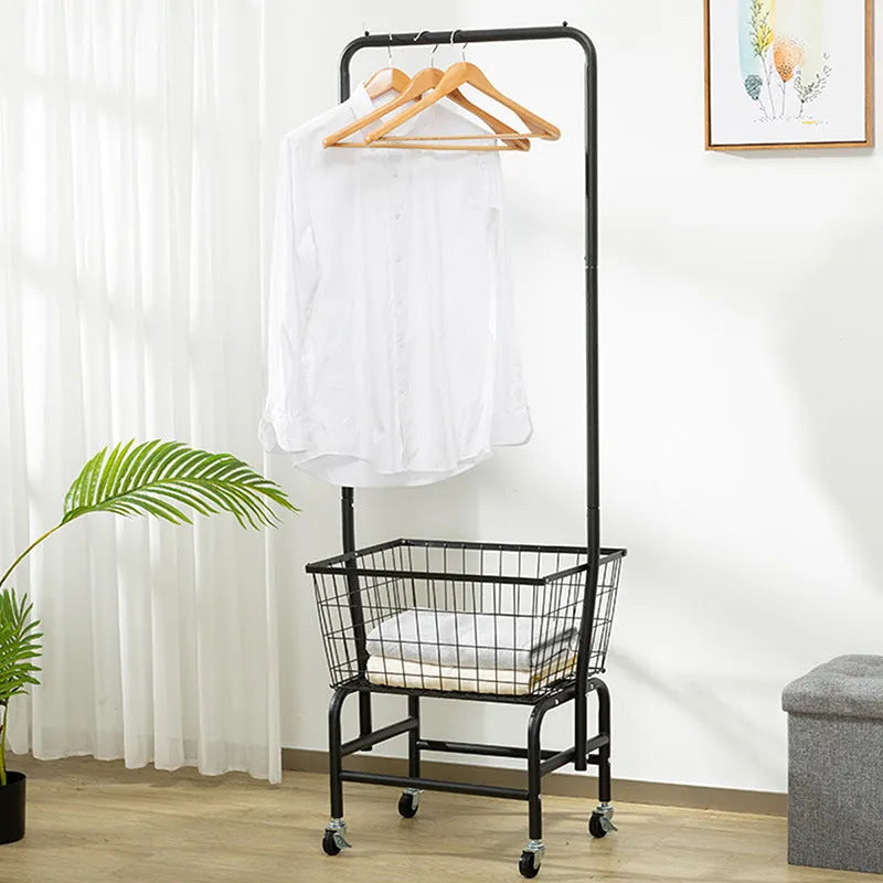 White single rod pulley storage car mounted on wall with clothes hangers