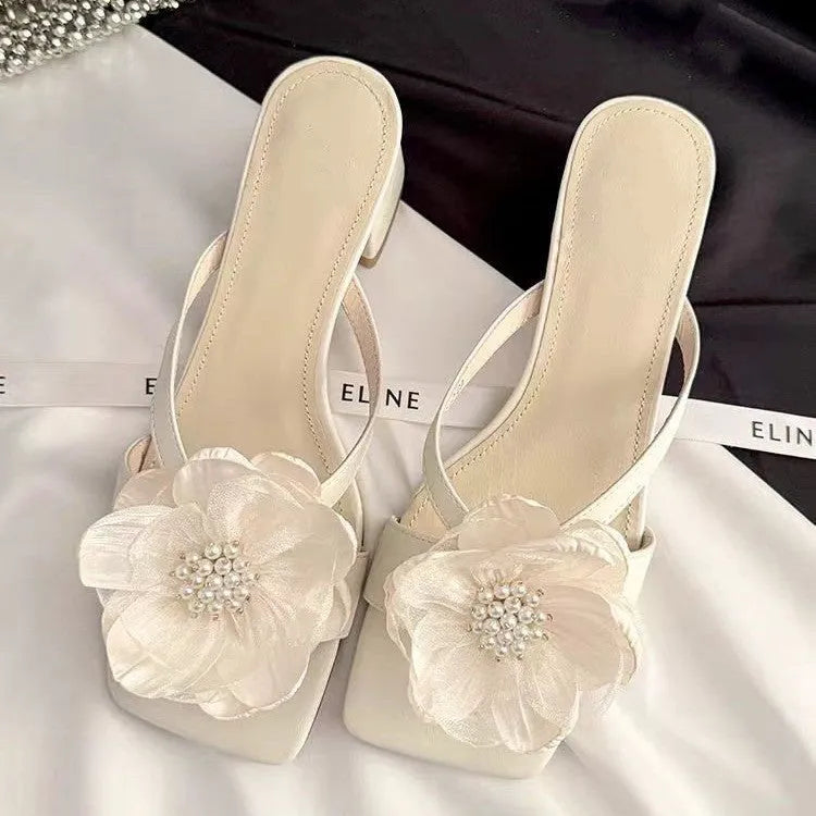 Korean style women's sandals with chunky heel and square toe design in cream-white colour