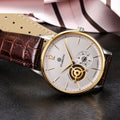 Automatic mechanical men's watch with brown leather strap, stainless steel case, and sapphire crystal glass on white background