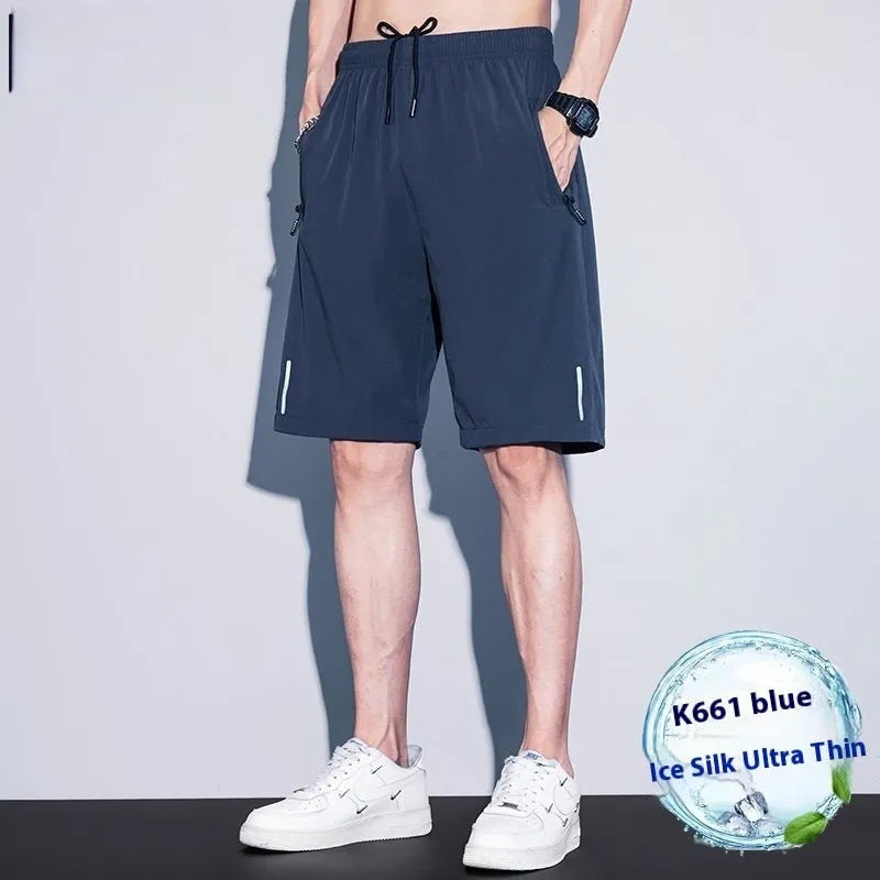 Men's thin ice silk quick-drying running shorts in black, dark blue, or light grey, sizes M to 4XL