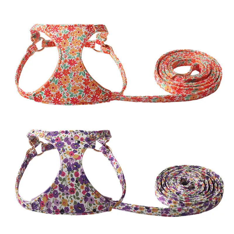 Floral pattern cloth dog harness and leash set shown in small size on a model.