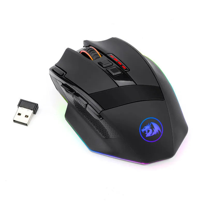 Black Redragon M801P wireless gaming mouse with nine buttons and ergonomic design measuring 120mm length