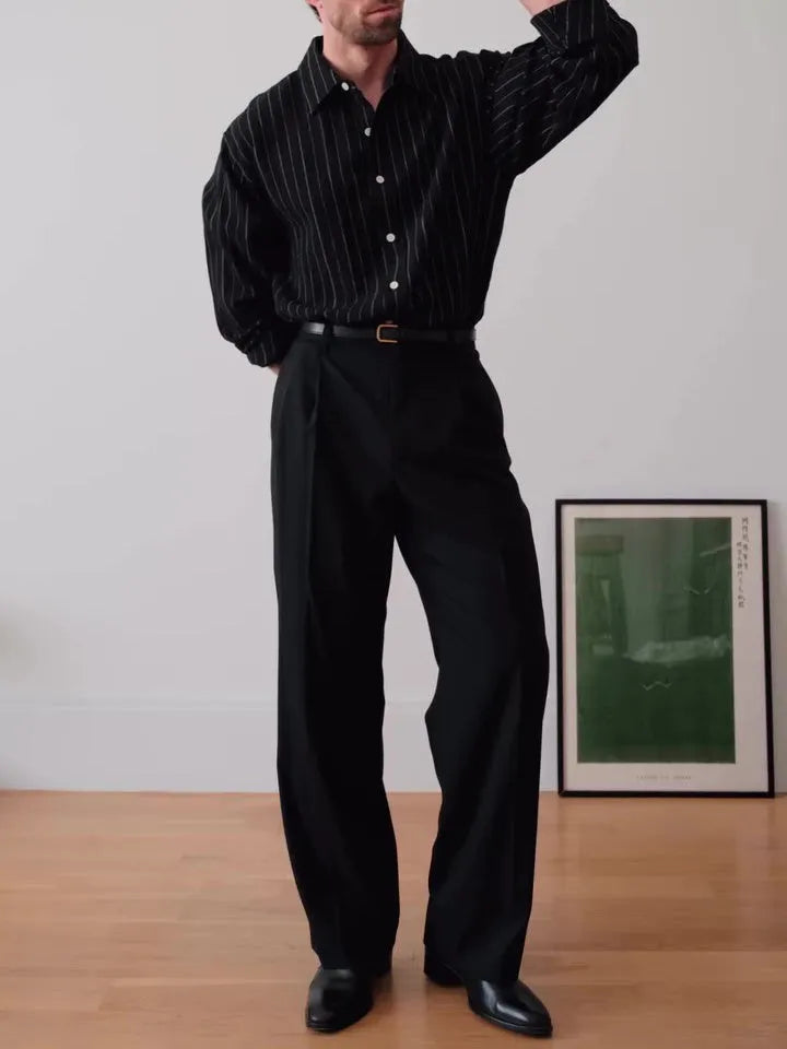 Black pinstriped button-down shirt with striped pattern and regular-length cut