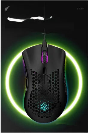 Hollow out wireless mouse with luminous effects in black, cyan, or white, showing dimensions of 123mm by 72mm by 46mm