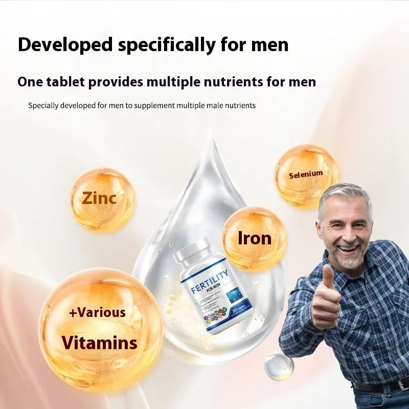 Bottle of male fertility tablets containing 60 tablets with vitamin mineral amino acids formulation