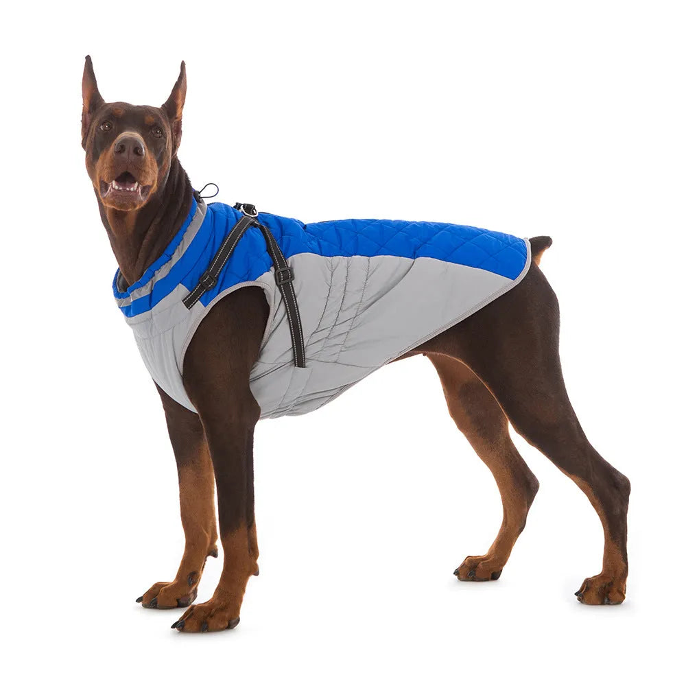 Fleece-lined waterproof zip-up dog jacket in blue, pink, purple or red, sizes S to 5XL