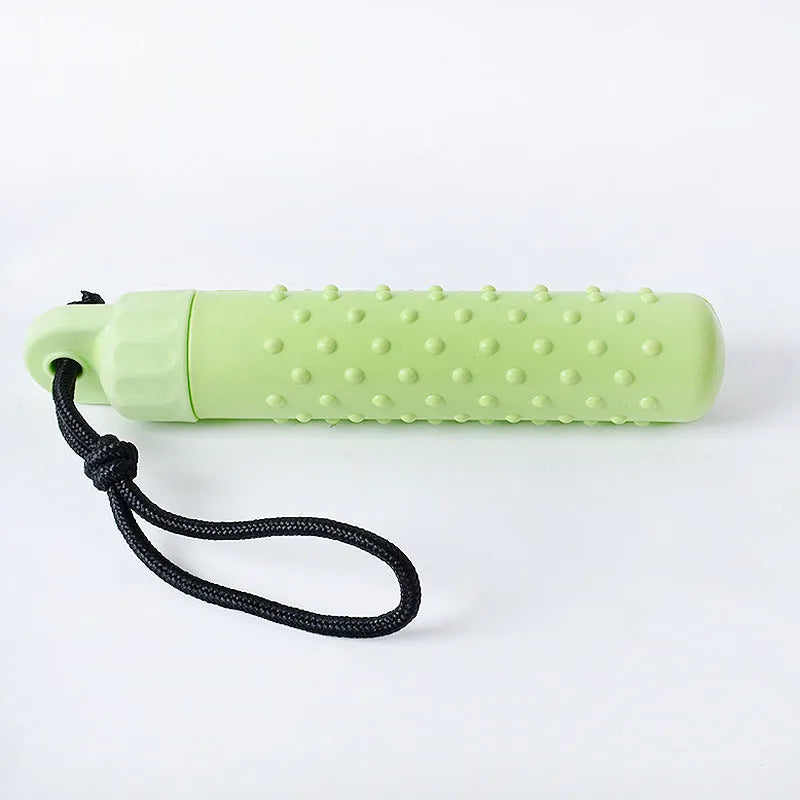Two red and green TPR floating dog toys with rope handles for water fetching