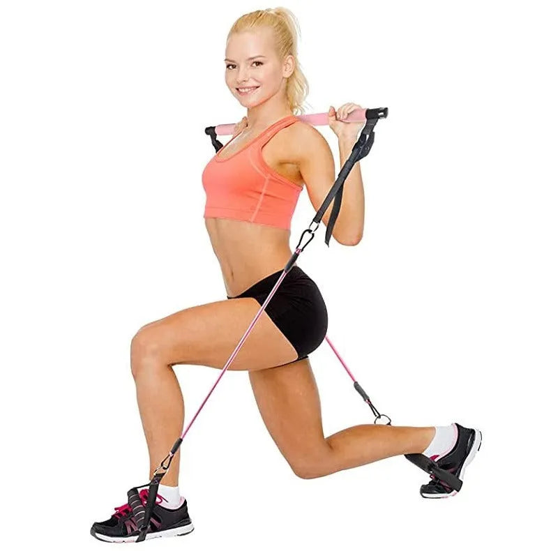 Women's 11-piece fitness stick set with TPE resistance ropes in pink purple black colours