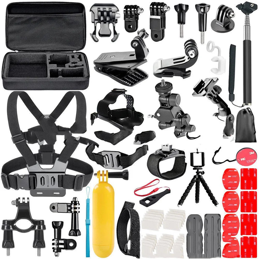 Black GoPro accessories set showing chest strap, helmet mount and tripod for action cameras