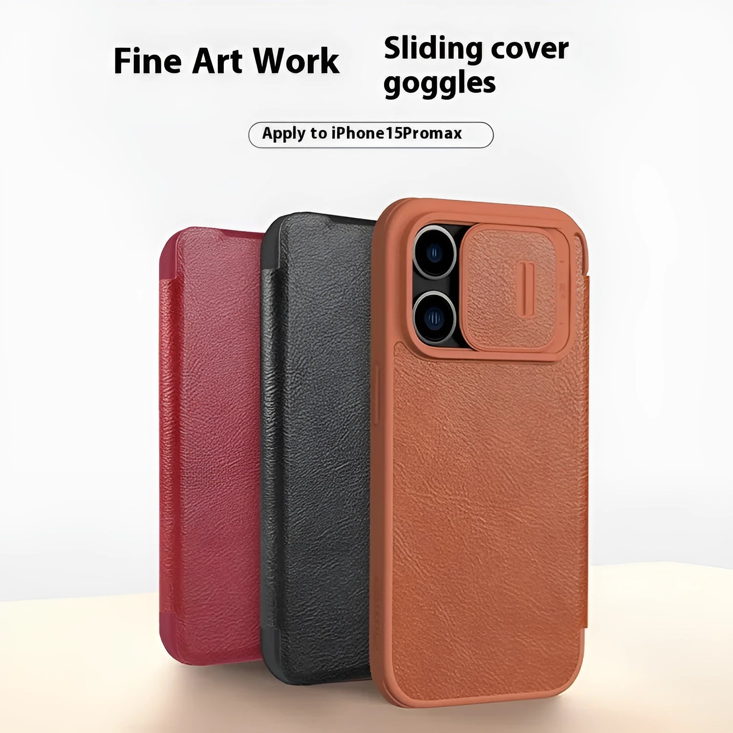 Imitation leather flip phone case for iPhone 15 and iPhone 14 Pro Max in black, brown, or red.