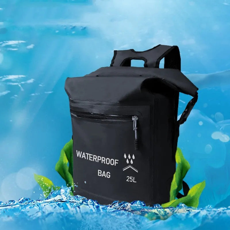 Black 25L waterproof outdoor backpack for swimming, river tracing and rafting activities