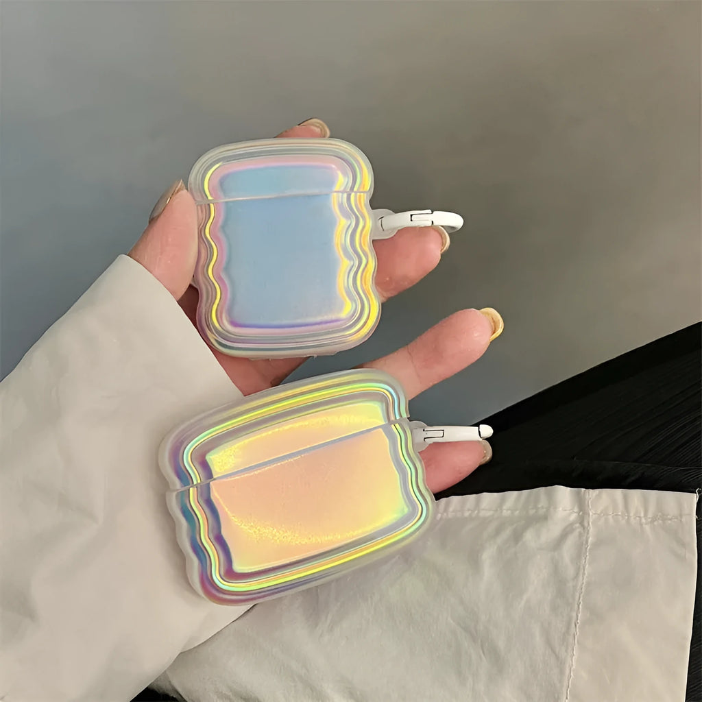 Colourful silicone protective case for Apple AirPods with a laser ring design on the front.
