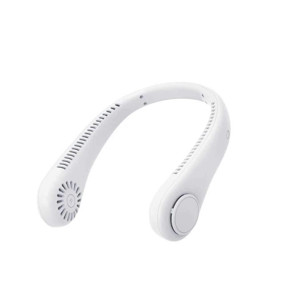 White bladeless neck fan hanging around neck showing decentralised air outlet design