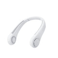 White bladeless neck fan hanging around neck showing decentralised air outlet design