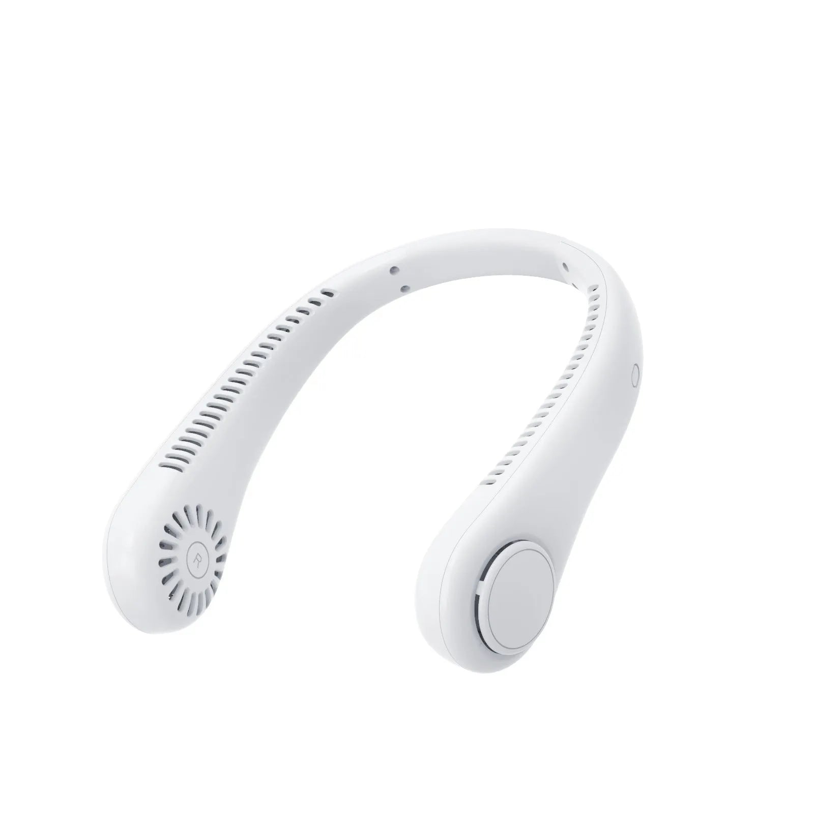 White bladeless neck fan hanging around neck showing decentralised air outlet design