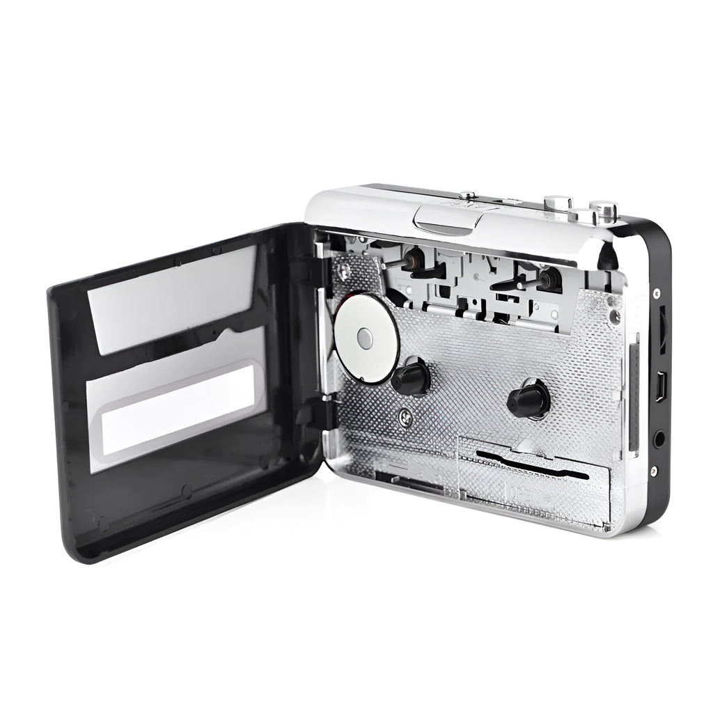 Silver USB cassette tape to MP3 converter unit with connection cables on a flat surface.
