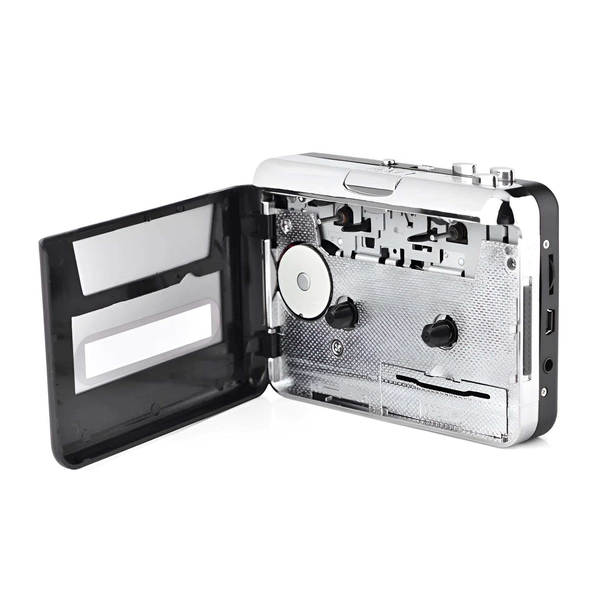 Silver USB cassette tape to MP3 converter unit with connection cables on a flat surface.