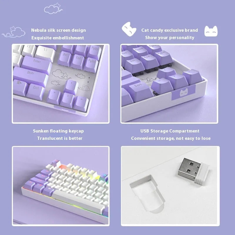 Wireless mechanical keyboard with metal frame in blue-white colour scheme showing backlit keys and USB-C charging port
