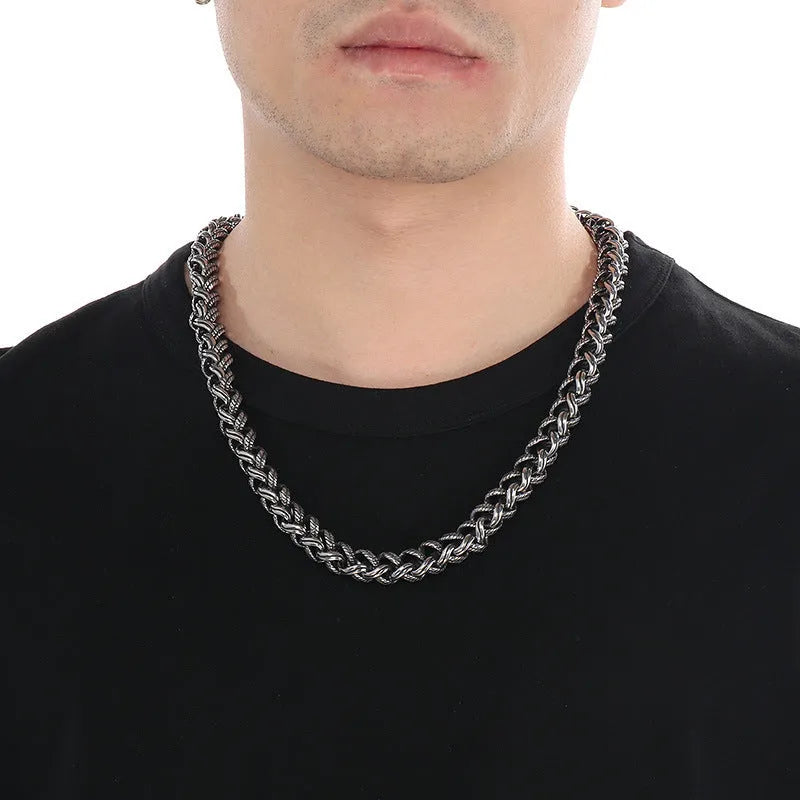 Men's titanium steel keel chain necklace with antique silver finish and large hemp flowers chain design