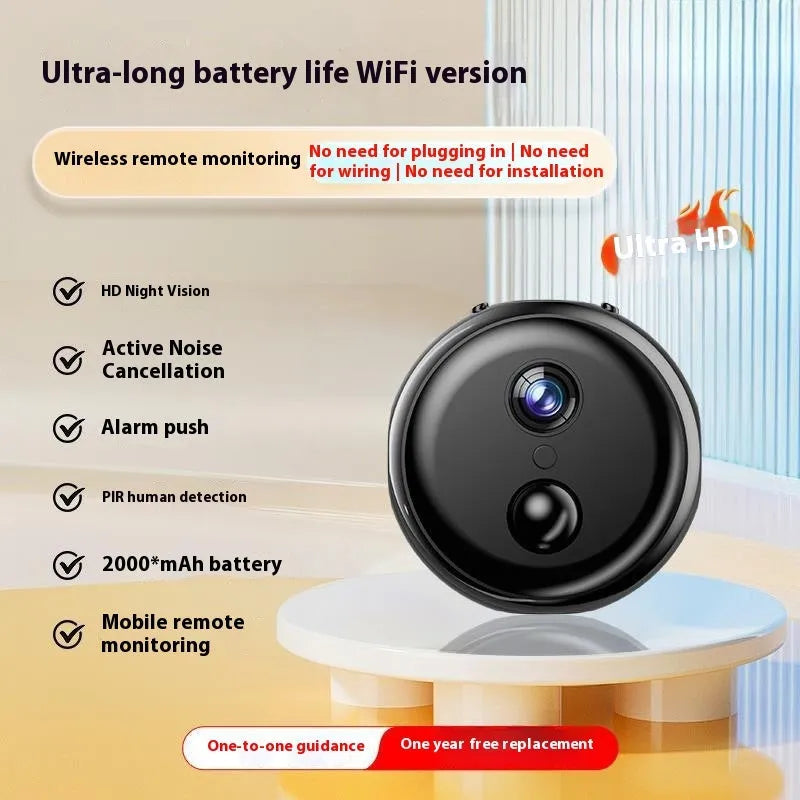 Wireless 360-degree security monitor with compact design for plug-in-free property surveillance