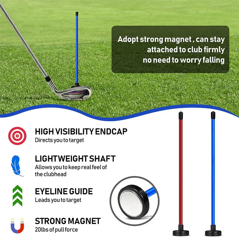 Magnetic golf swing alignment trainer with baseball bar attached to clubhead showing visual feedback on face position