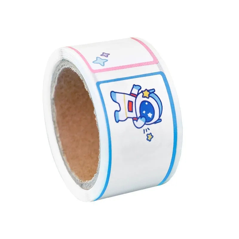 Roll of student cartoon name tape stickers with dinosaur, astronaut, rabbit, and girl designs for labelling school items
