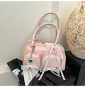 Beige PU shoulder bag with double straps and sewing thread detailing, showing horizontal square shape