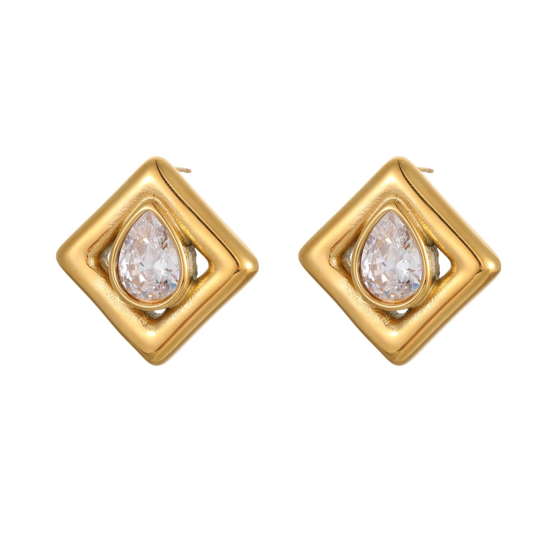 Gold geometric stud earrings with inlaid water drop zircon stones