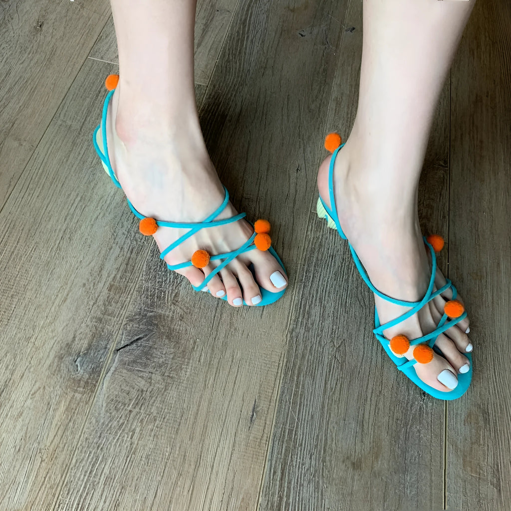 Cyan genuine leather lace-up high-heeled sandals with open toe and thin straps