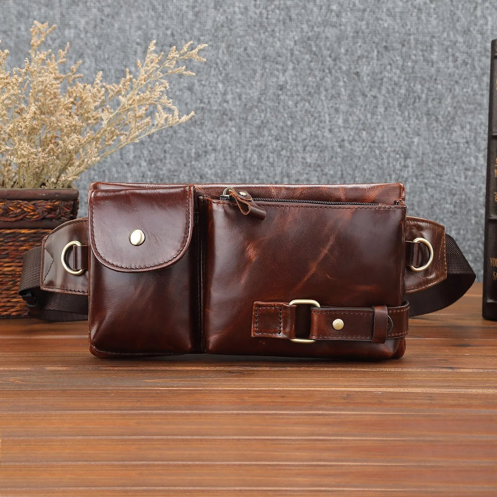 Men's black or brown leather belt bag with first layer cowhide, cotton lining, and sewing line detail.