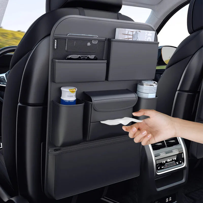 Black leather hanging storage bag with handle for car seat or buggy organisation