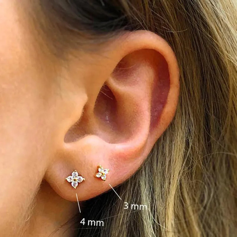 S925 sterling silver petal crystal flowers stud earrings in gold or platinum plating, showing geometric flower design