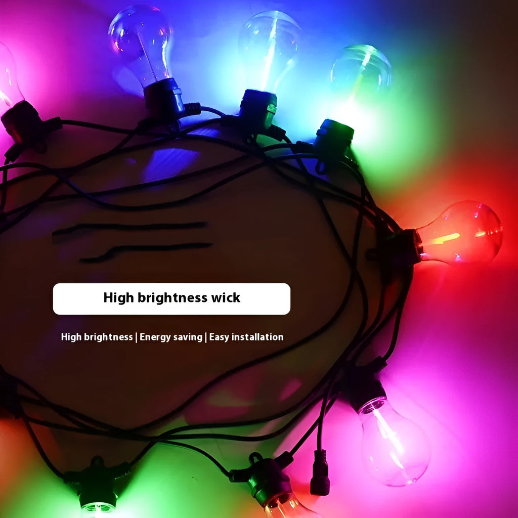 Waterproof outdoor decorative string lights with 10 A60 transparent meteor bulbs on 5 metre cable