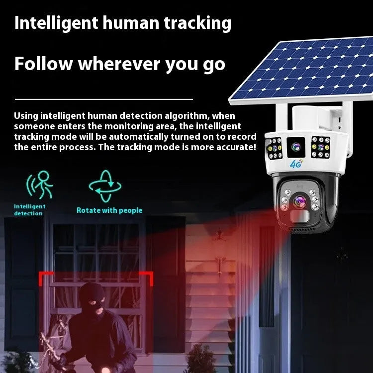 Solar-powered binocular outdoor security camera with dual lenses on a mounting bracket.