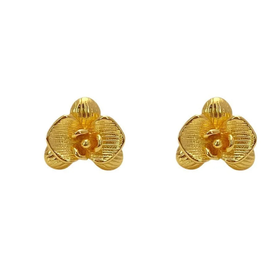 Copper flower earrings with petal design in gold or silver electroplated finish