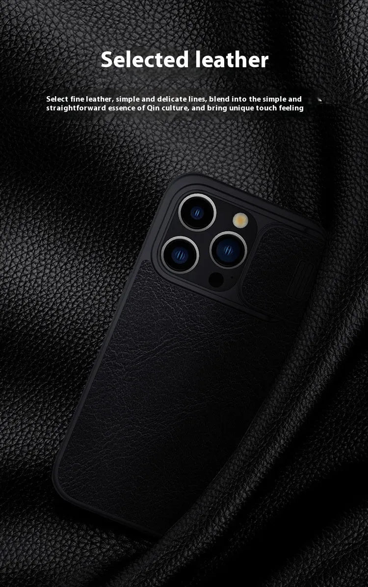 Imitation leather flip phone case for iPhone 15 and iPhone 14 Pro Max in black, brown, or red.