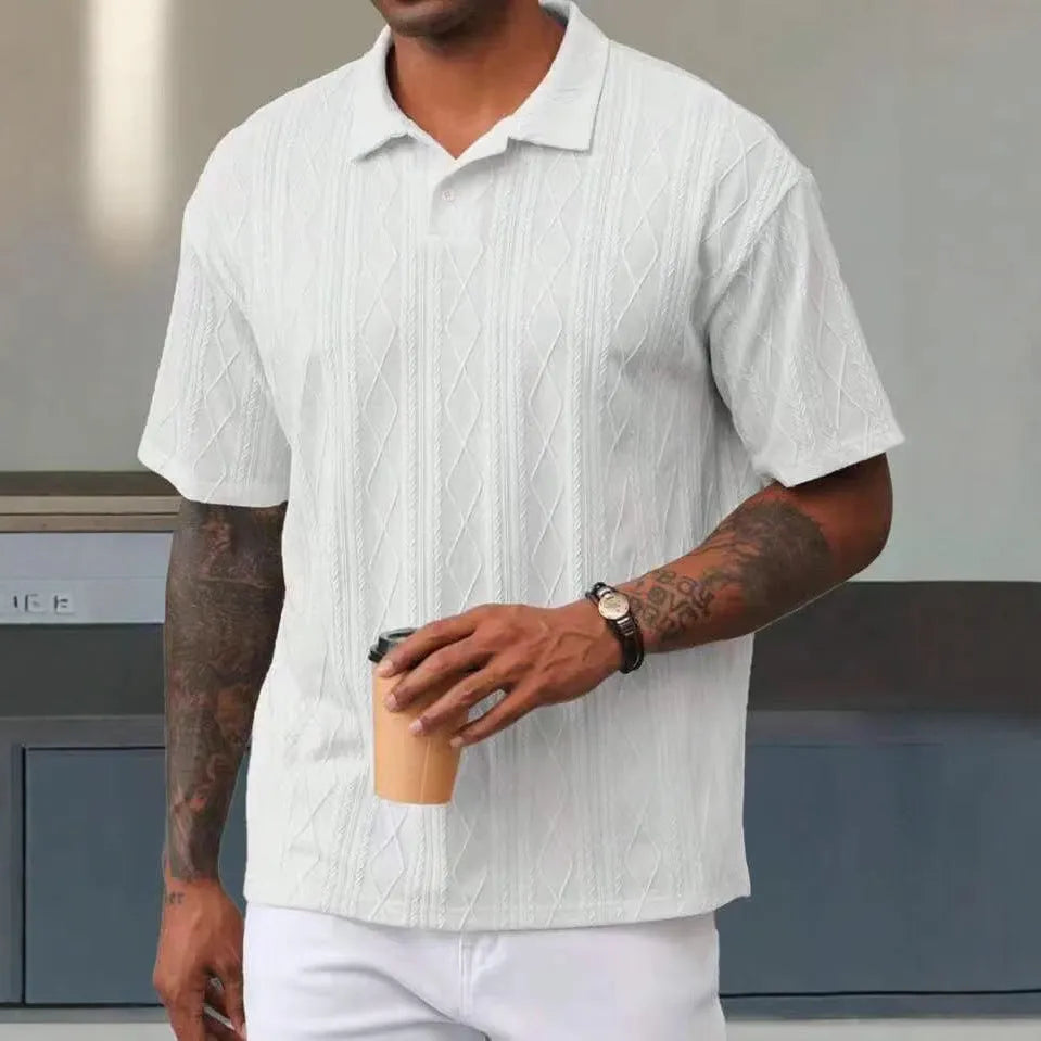 Retro button lapel short sleeve cotton blend T-shirt in solid colour with slit detail